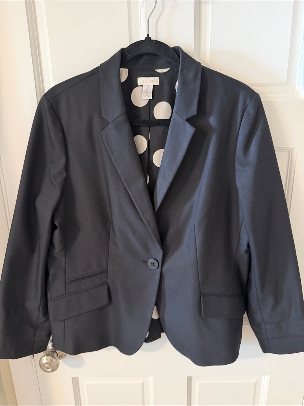 Chico's Black Single-Button Blazer with Polka Dot Lining - Size 2 (US M/10)